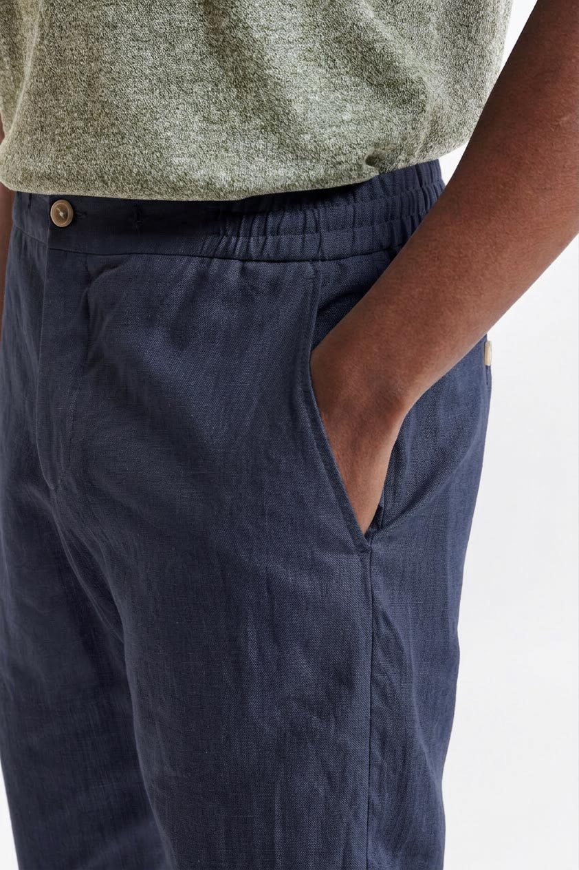 Dark Blue 100% Linen Drawstring Trousers Pure Linen — detail 1