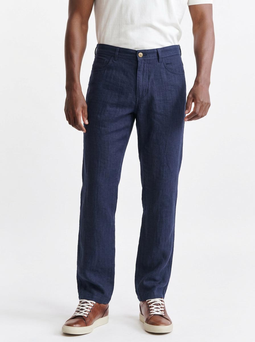 Dark Blue 100% Linen Five Pocket Trousers Pure Linen