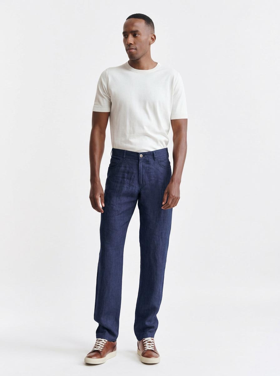 Dark Blue 100% Linen Five Pocket Trousers Pure Linen — detail 1