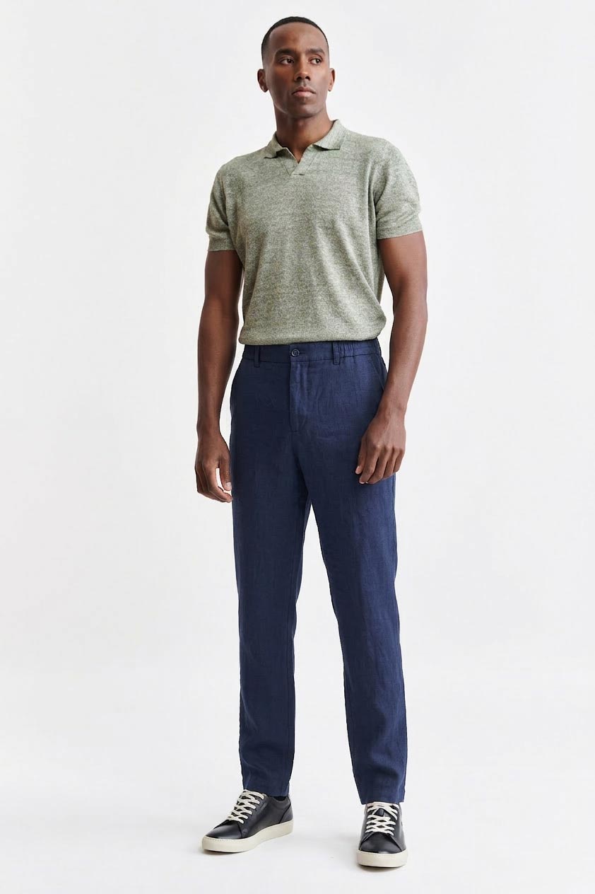 Dark Blue 100% Linen Drawstring Trousers Pure Linen — detail 2
