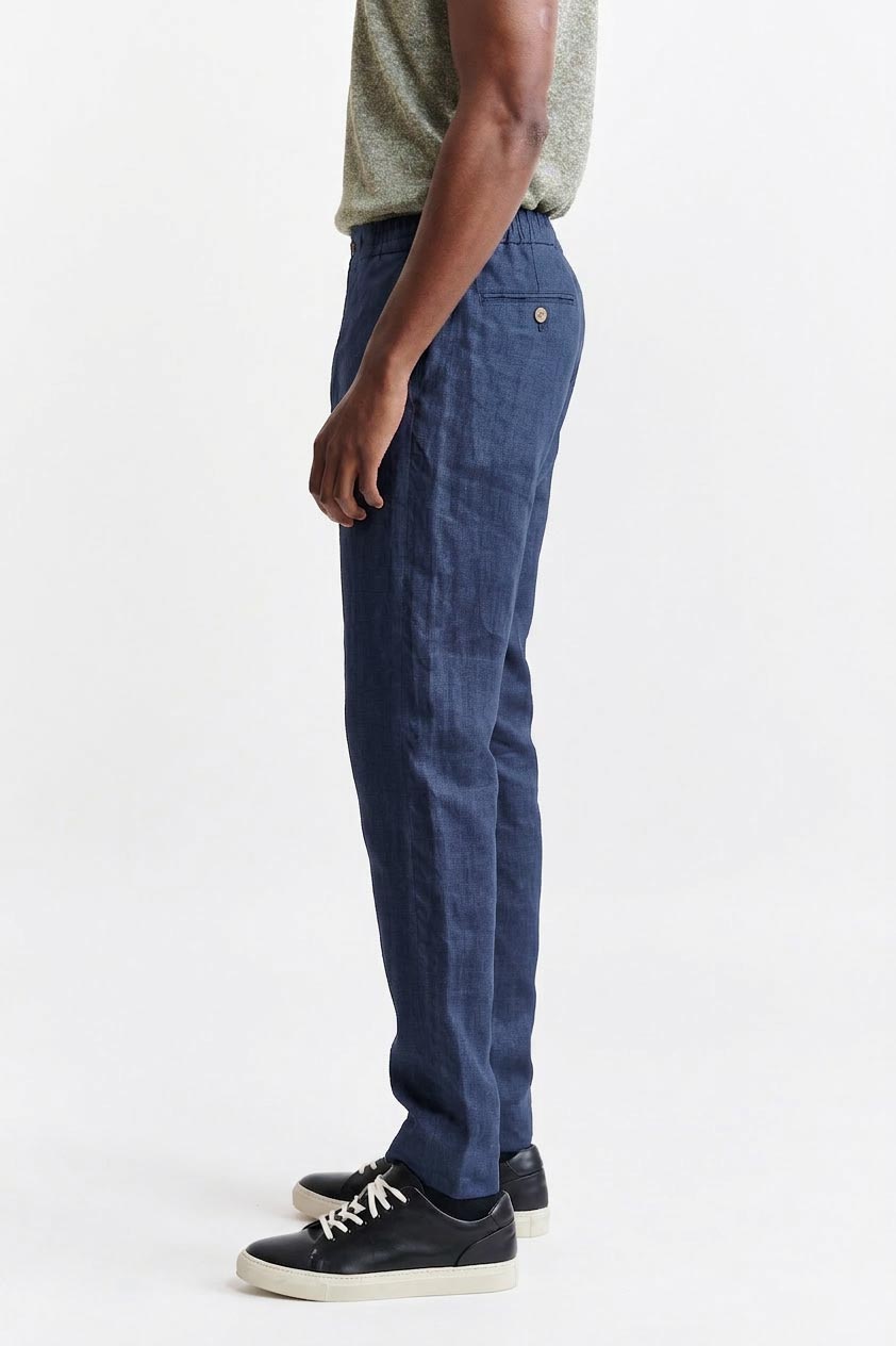 Dark Blue 100% Linen Drawstring Trousers Pure Linen — detail 3