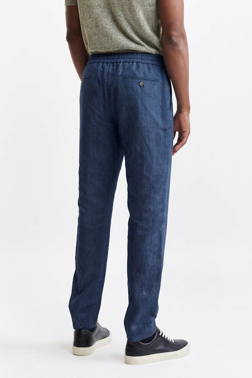 Dark Blue 100% Linen Drawstring Trousers Pure Linen — detail 4
