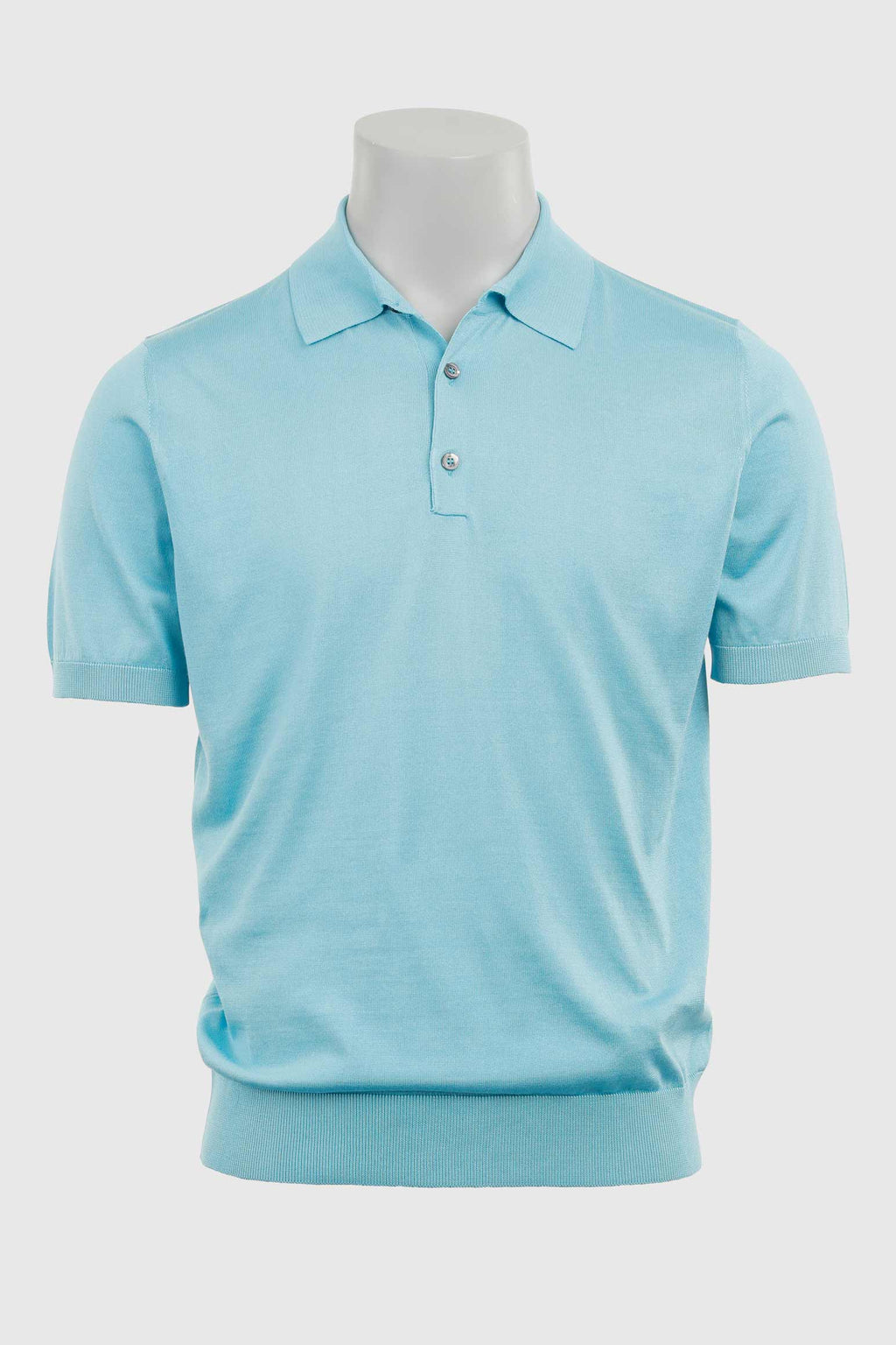 Turquoise Blue Silk Knitted Kendal Short Sleeve 3 Button Polo Shirt — detail 5