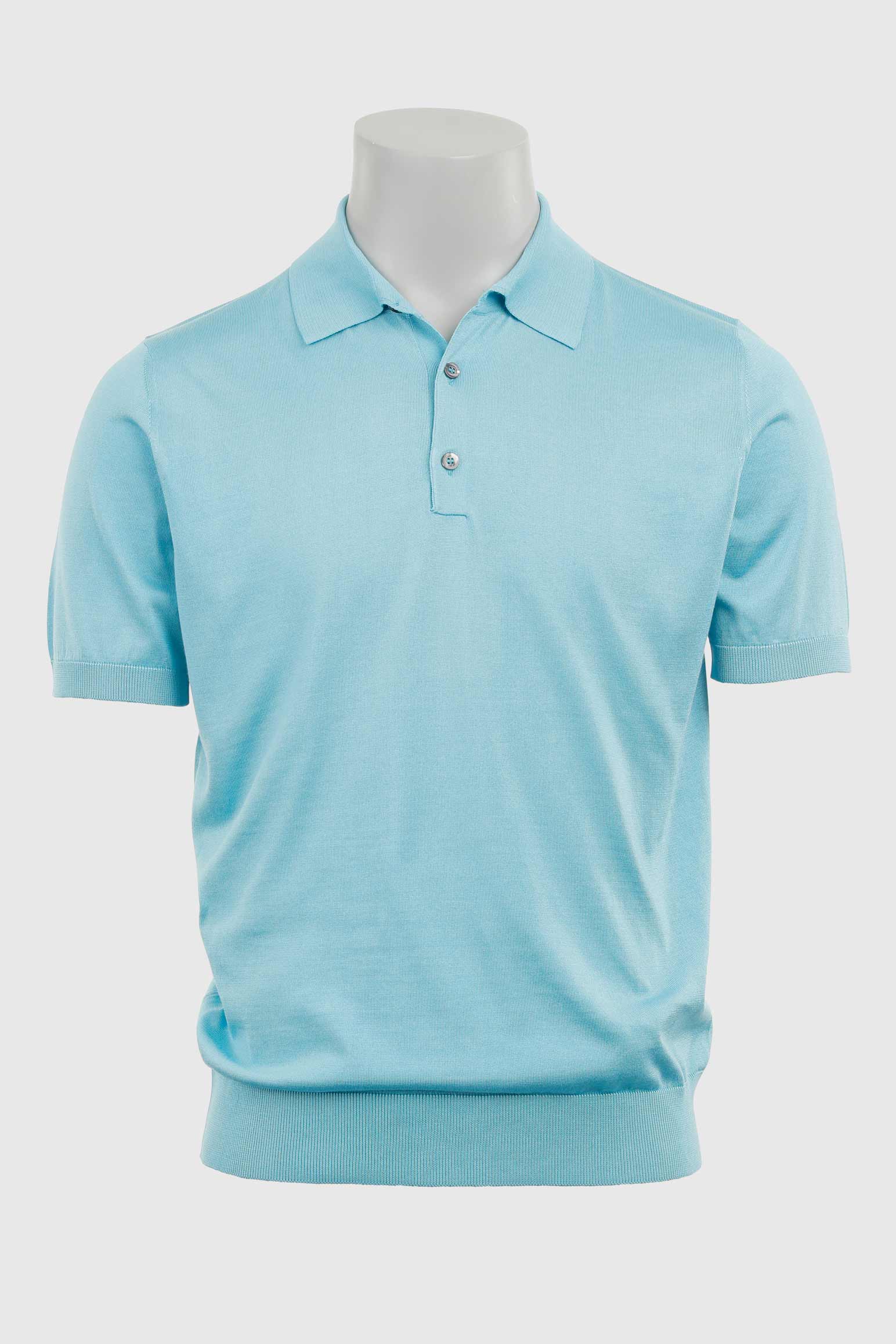 Turquoise Blue Silk Knitted Kendal Short Sleeve 3 Button Polo Shirt — detail 5