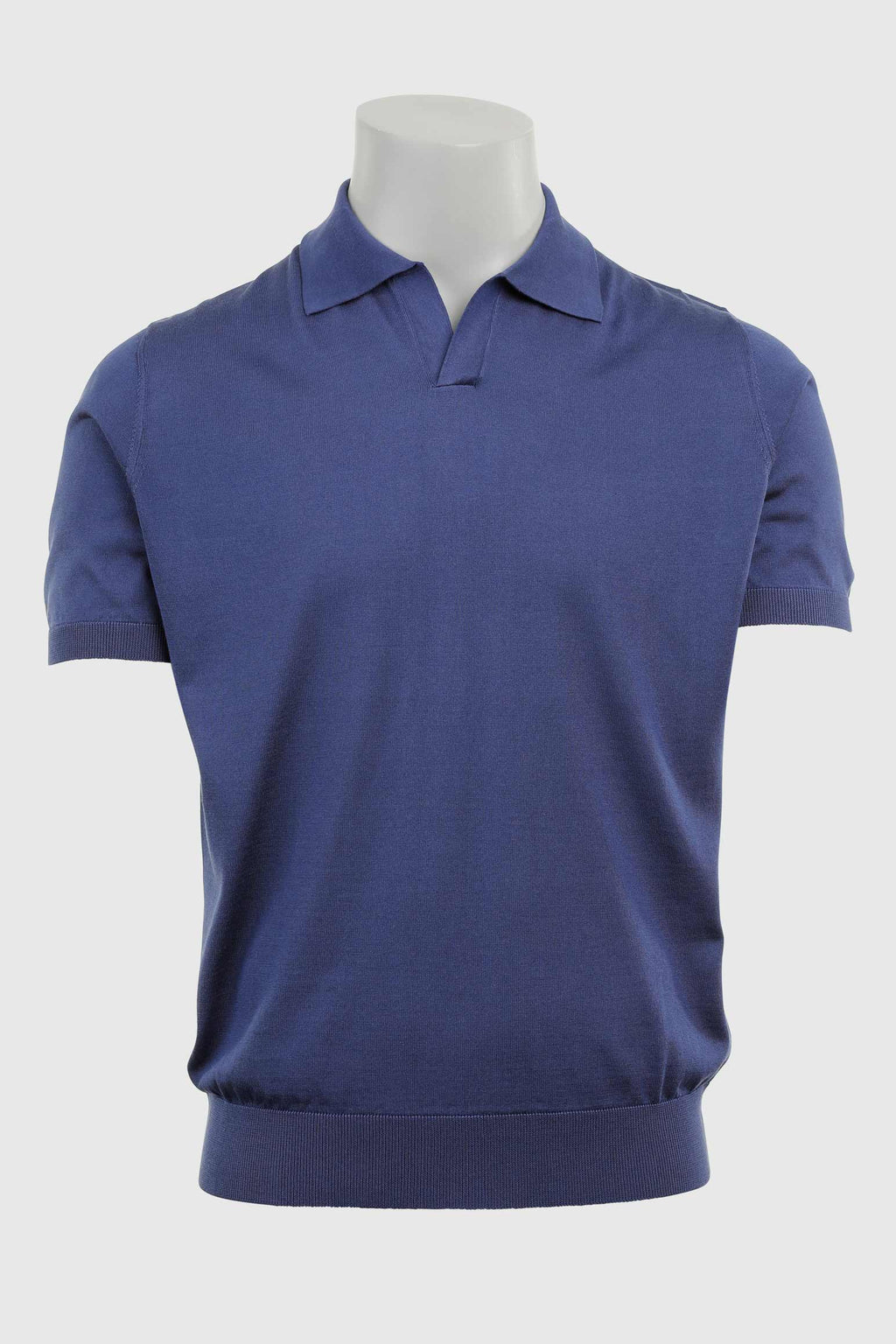 Medium Blue Silk Knitted Short Sleeve Open Collar Cawdor Polo Shirt — detail 5